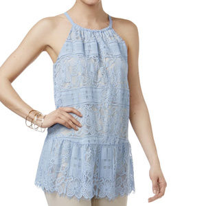 LIGHT BLUE LACE FLOUNCE HALTER BLOUSE TOP NEW 12
